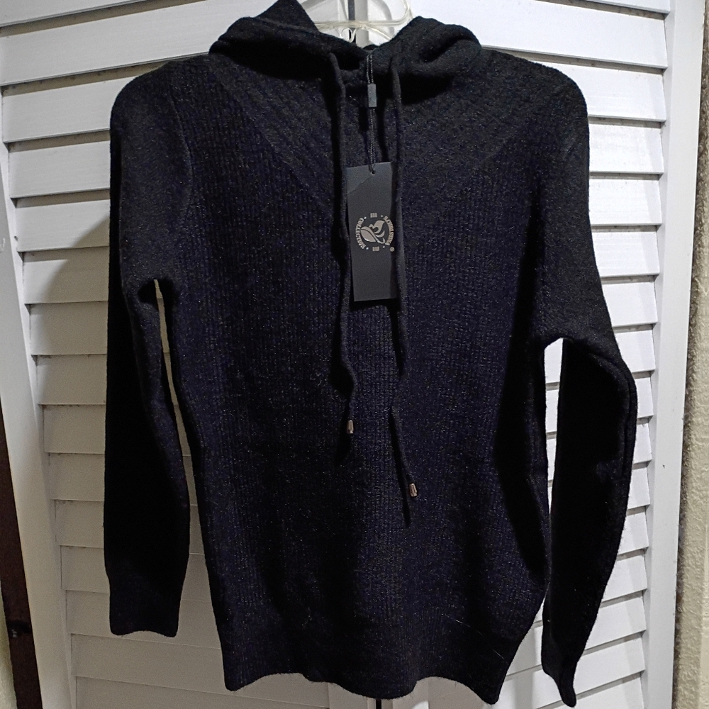 S Christina Black Hoodie Sweater 100% Cashmere Size S/M